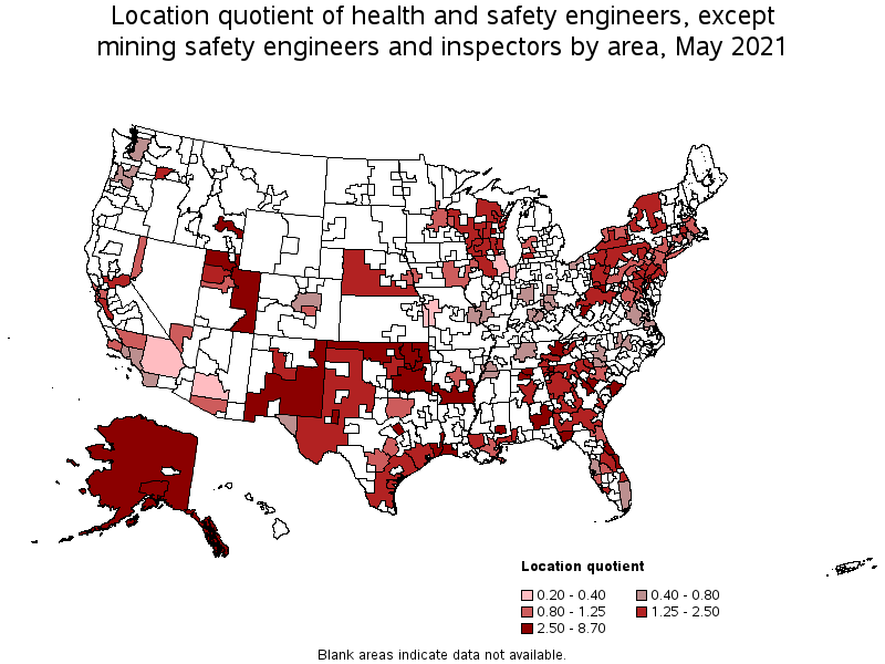 Map of location quotient of health and safety engineers, except mining safety engineers and inspectors by area, May 2021