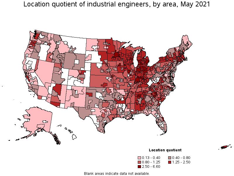 Map of location quotient of industrial engineers by area, May 2021