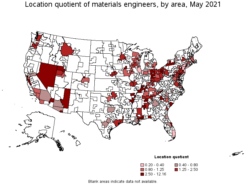 Map of location quotient of materials engineers by area, May 2021