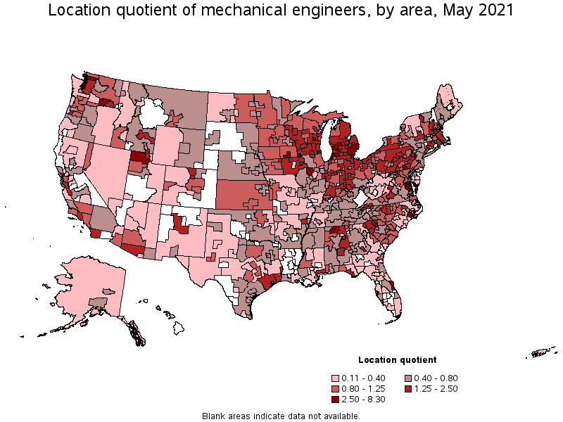 Map of location quotient of mechanical engineers by area, May 2021