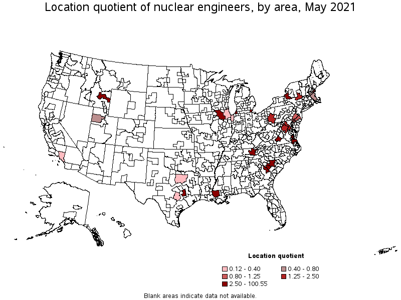 Map of location quotient of nuclear engineers by area, May 2021