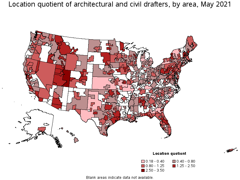 Map of location quotient of architectural and civil drafters by area, May 2021