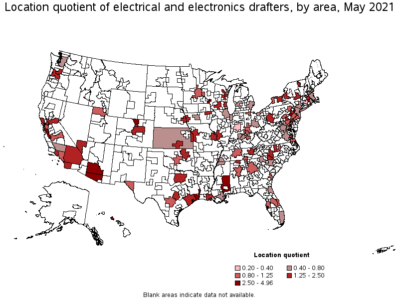 Map of location quotient of electrical and electronics drafters by area, May 2021