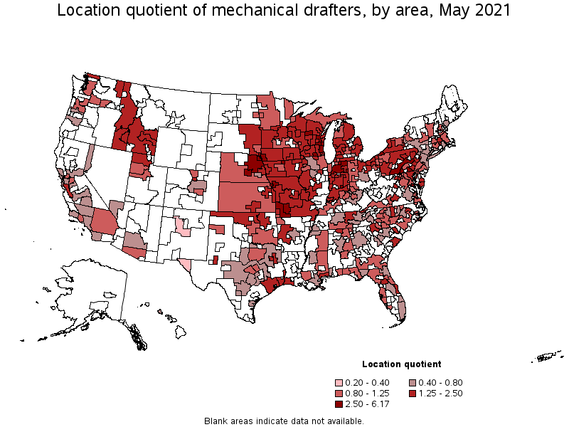 Map of location quotient of mechanical drafters by area, May 2021