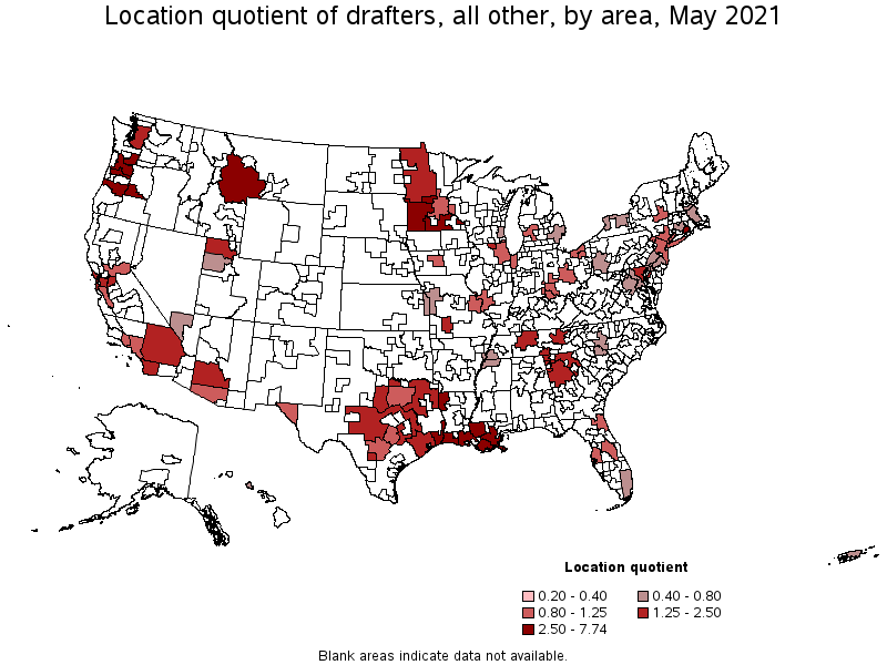 Map of location quotient of drafters, all other by area, May 2021