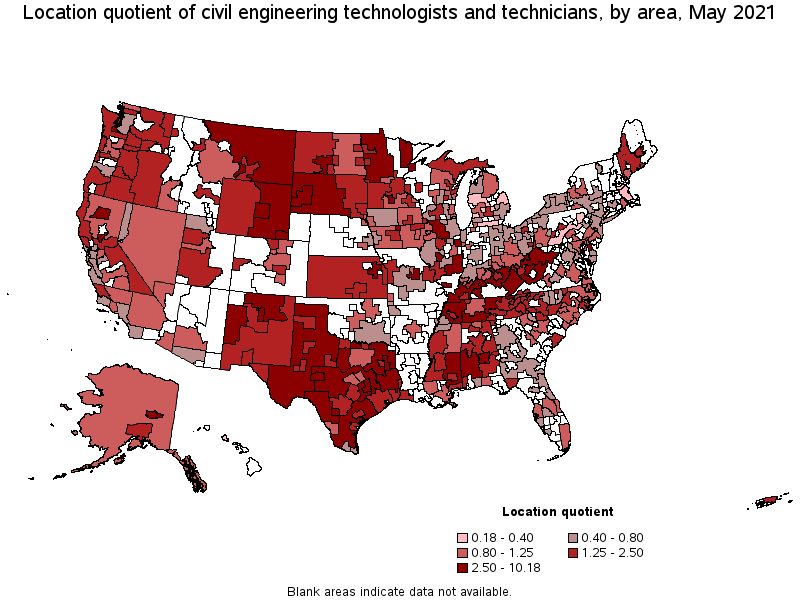 Map of location quotient of civil engineering technologists and technicians by area, May 2021