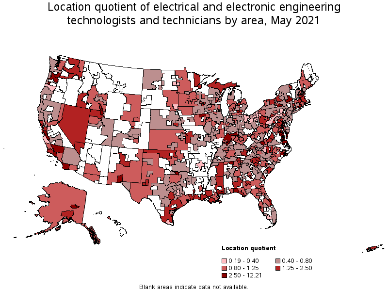 Map of location quotient of electrical and electronic engineering technologists and technicians by area, May 2021