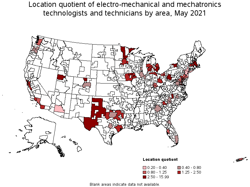Map of location quotient of electro-mechanical and mechatronics technologists and technicians by area, May 2021