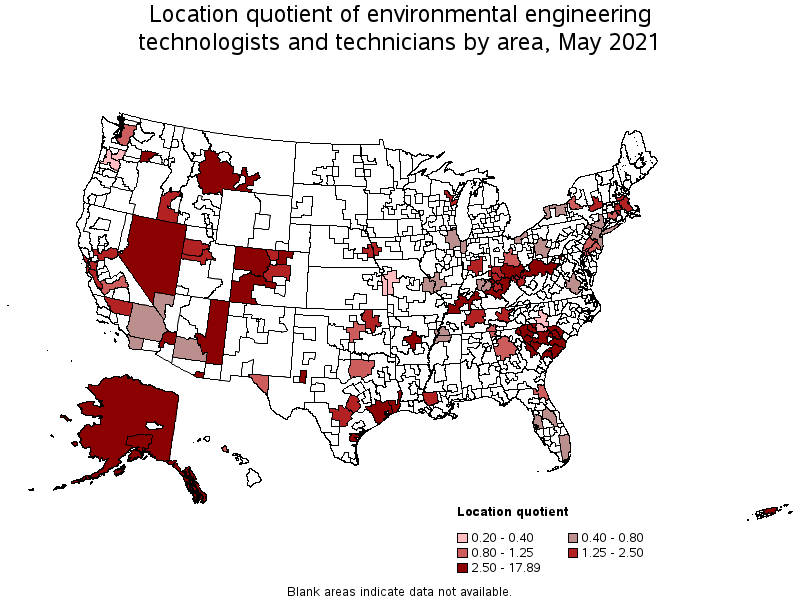 Map of location quotient of environmental engineering technologists and technicians by area, May 2021