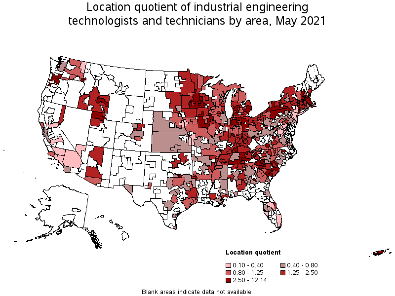 Map of location quotient of industrial engineering technologists and technicians by area, May 2021