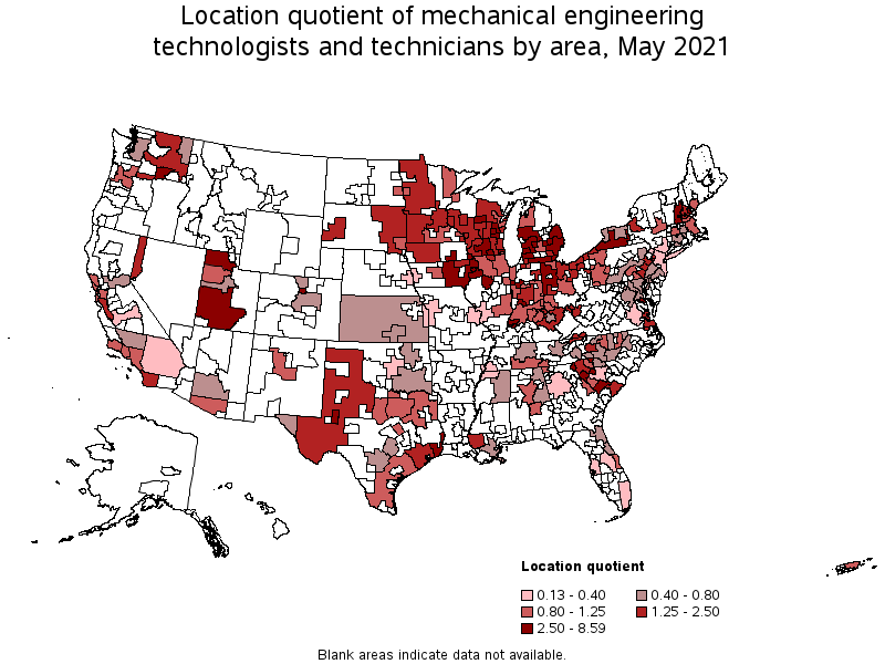 Map of location quotient of mechanical engineering technologists and technicians by area, May 2021