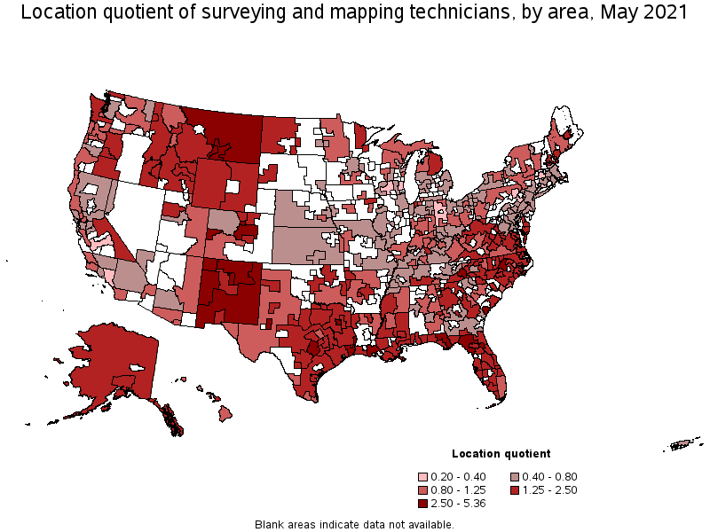 Map of location quotient of surveying and mapping technicians by area, May 2021
