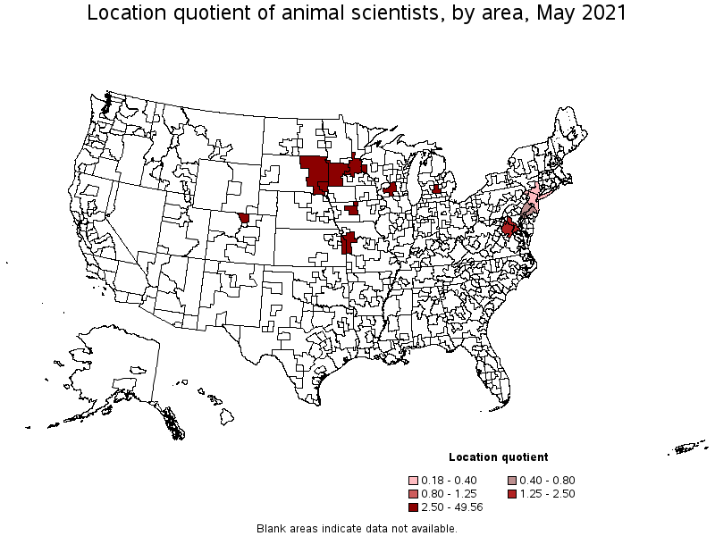 Map of location quotient of animal scientists by area, May 2021