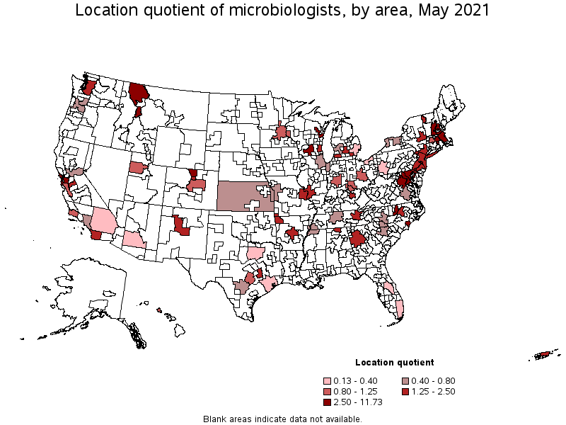 Map of location quotient of microbiologists by area, May 2021