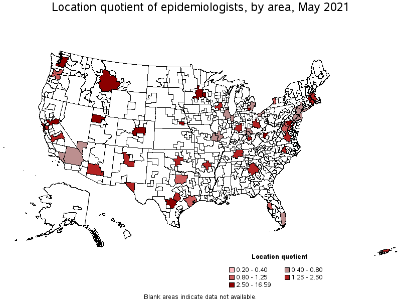 Map of location quotient of epidemiologists by area, May 2021