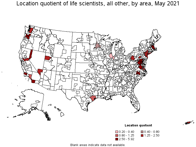 Map of location quotient of life scientists, all other by area, May 2021