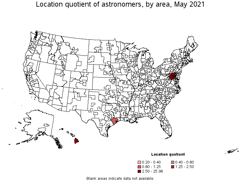Map of location quotient of astronomers by area, May 2021