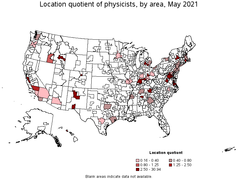 Map of location quotient of physicists by area, May 2021