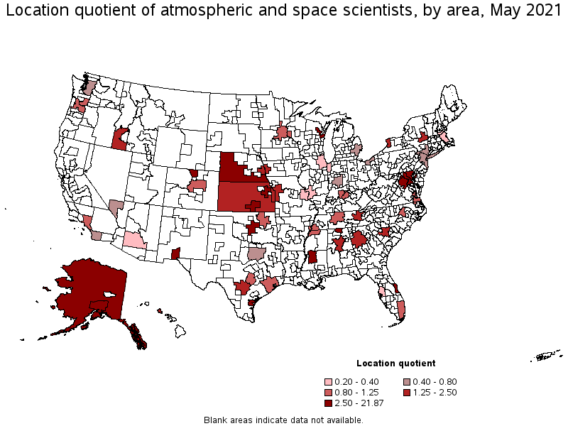 Map of location quotient of atmospheric and space scientists by area, May 2021