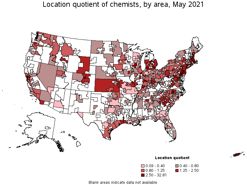 Map of location quotient of chemists by area, May 2021
