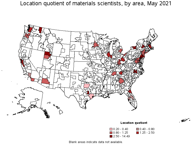 Map of location quotient of materials scientists by area, May 2021
