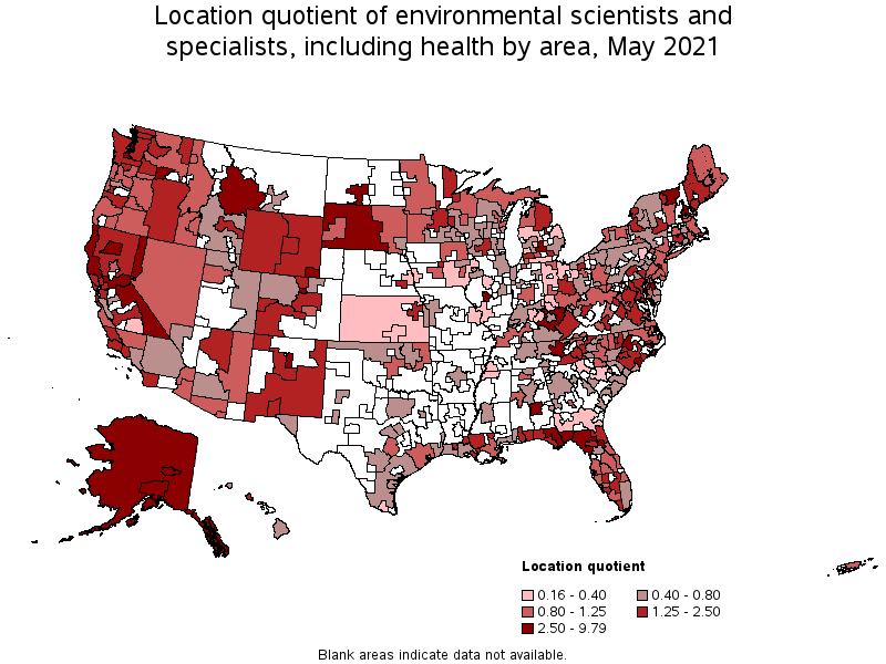 Map of location quotient of environmental scientists and specialists, including health by area, May 2021