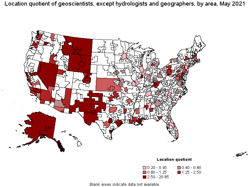 Map of location quotient of geoscientists, except hydrologists and geographers by area, May 2021