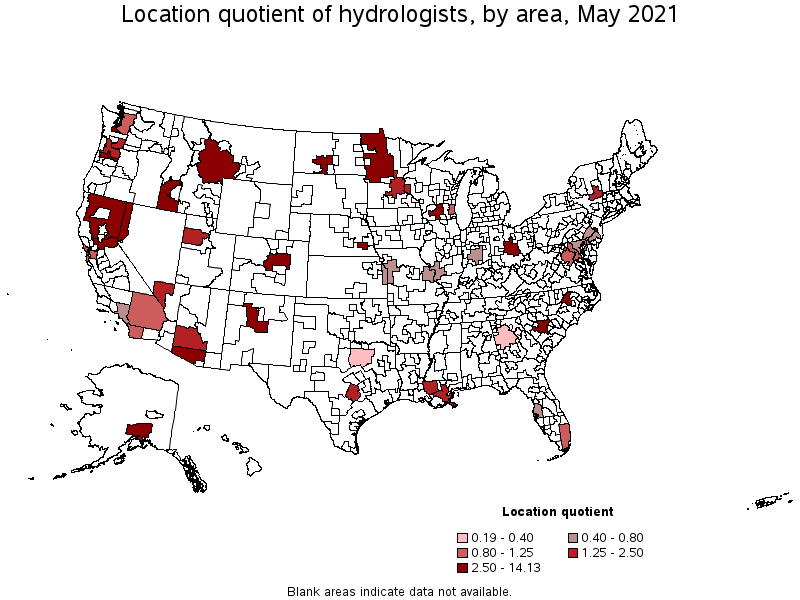 Map of location quotient of hydrologists by area, May 2021