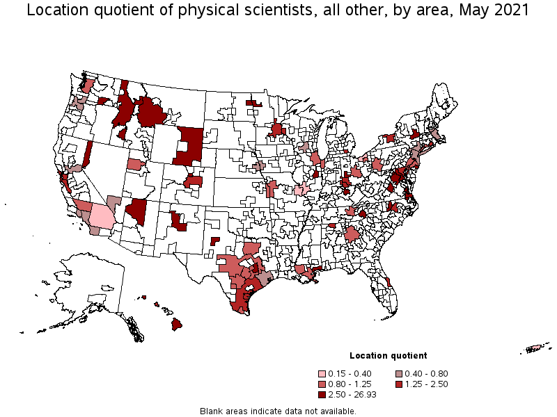 Map of location quotient of physical scientists, all other by area, May 2021