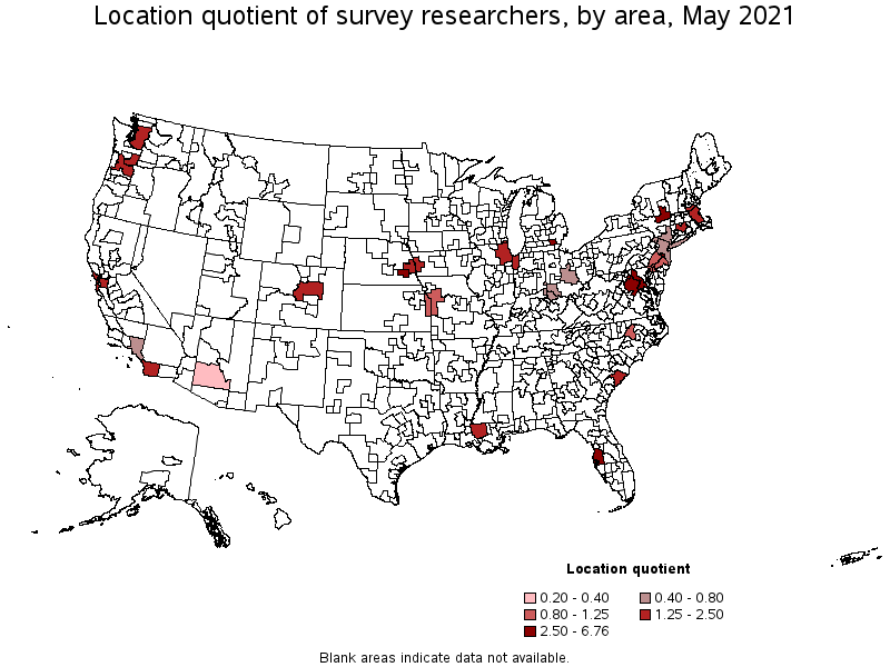 Map of location quotient of survey researchers by area, May 2021