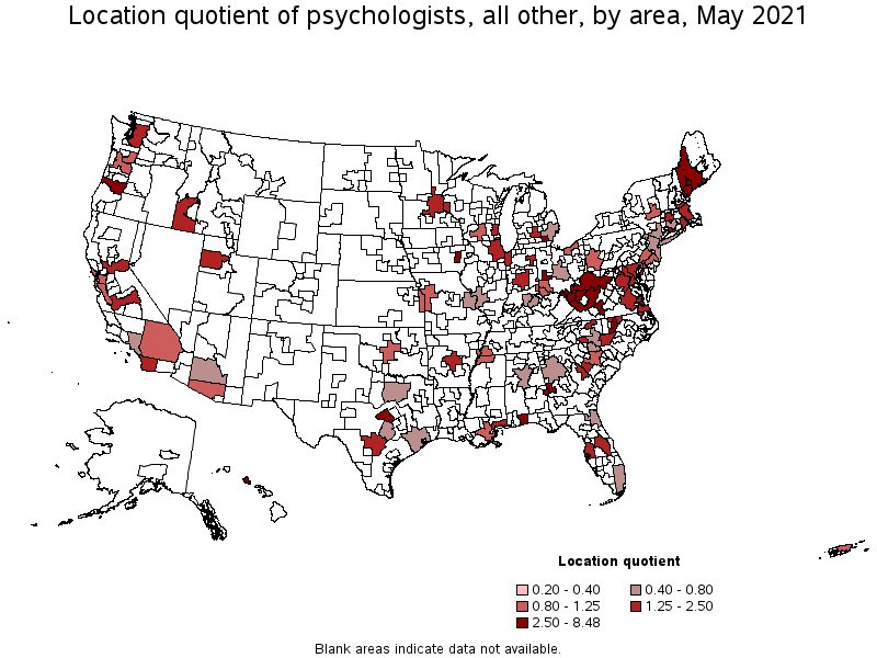 Map of location quotient of psychologists, all other by area, May 2021