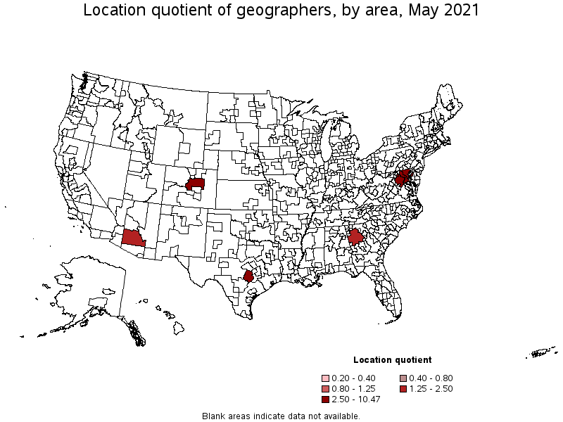 Map of location quotient of geographers by area, May 2021