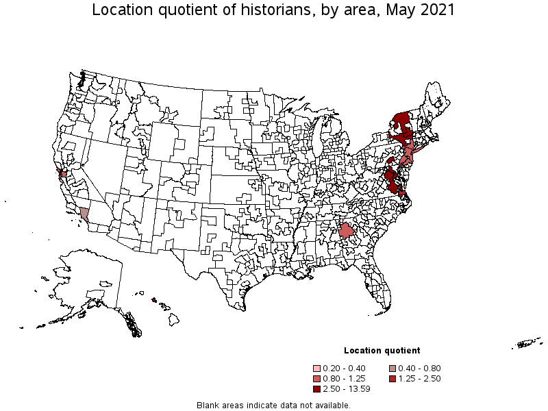 Map of location quotient of historians by area, May 2021