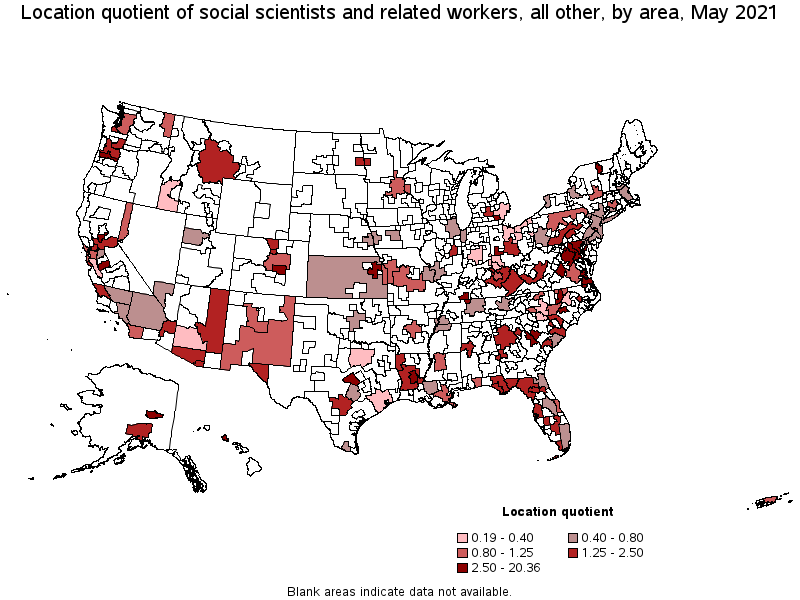Map of location quotient of social scientists and related workers, all other by area, May 2021