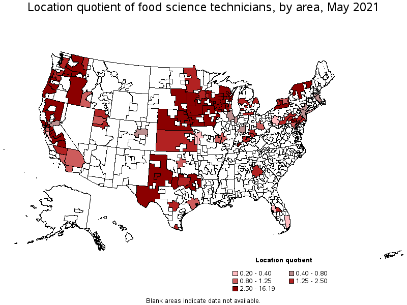 Map of location quotient of food science technicians by area, May 2021