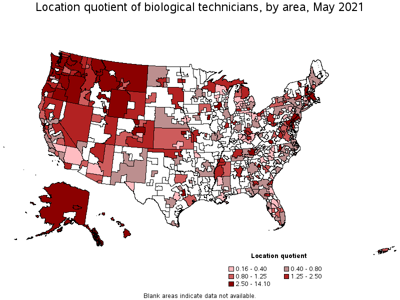 Map of location quotient of biological technicians by area, May 2021