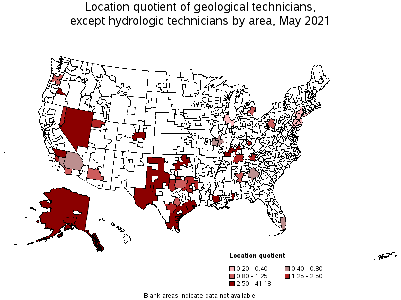 Map of location quotient of geological technicians, except hydrologic technicians by area, May 2021