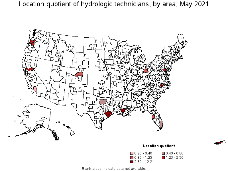Map of location quotient of hydrologic technicians by area, May 2021