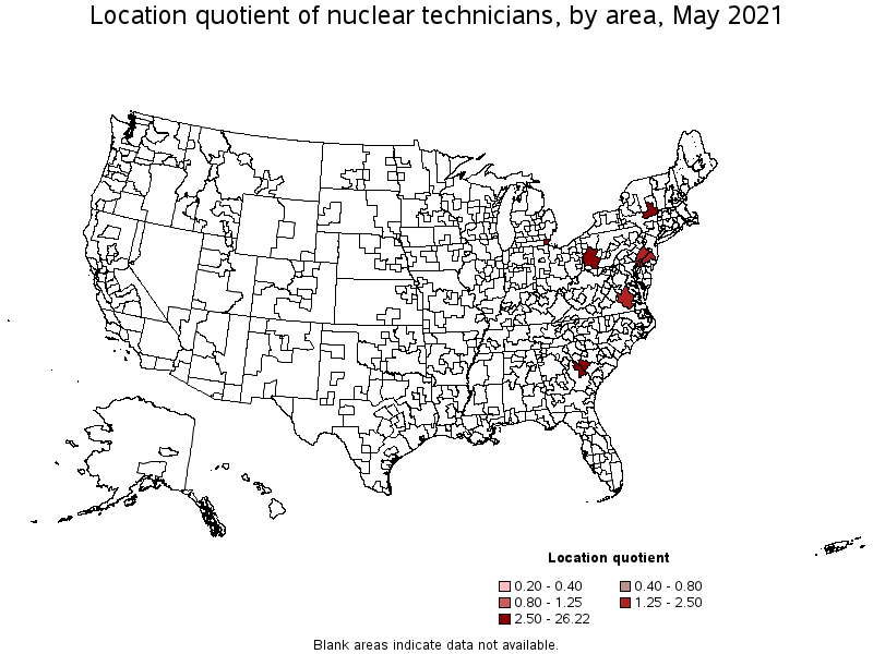 Map of location quotient of nuclear technicians by area, May 2021