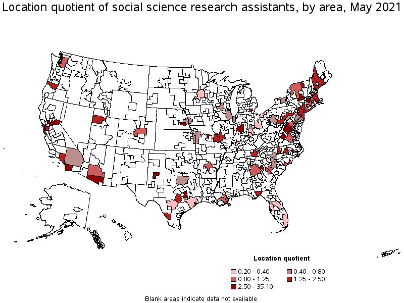 Map of location quotient of social science research assistants by area, May 2021