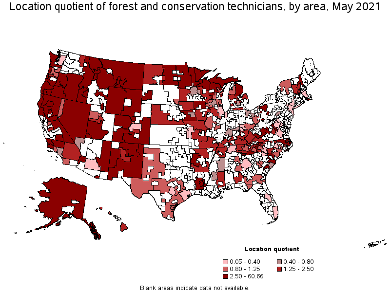 Map of location quotient of forest and conservation technicians by area, May 2021