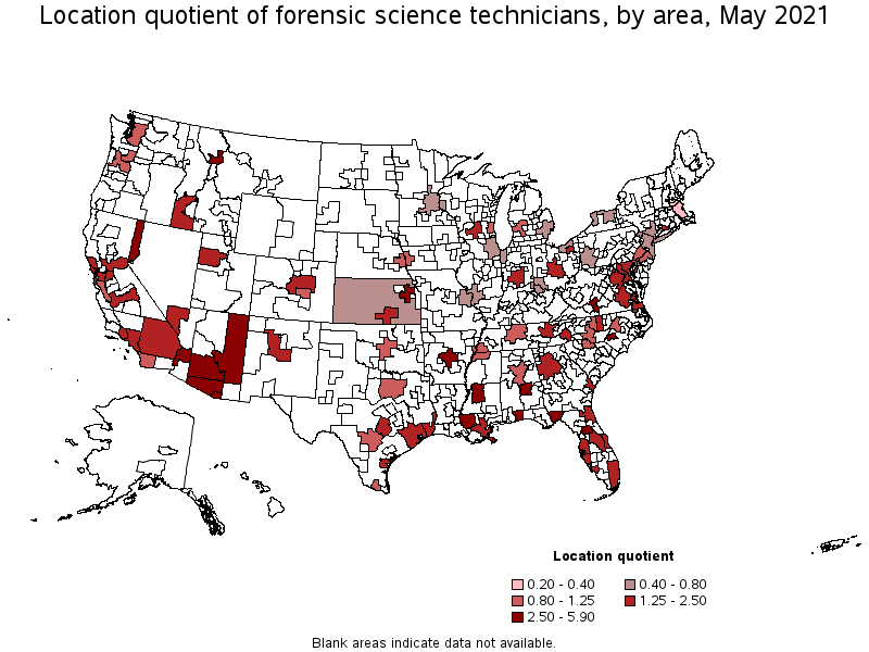 Map of location quotient of forensic science technicians by area, May 2021