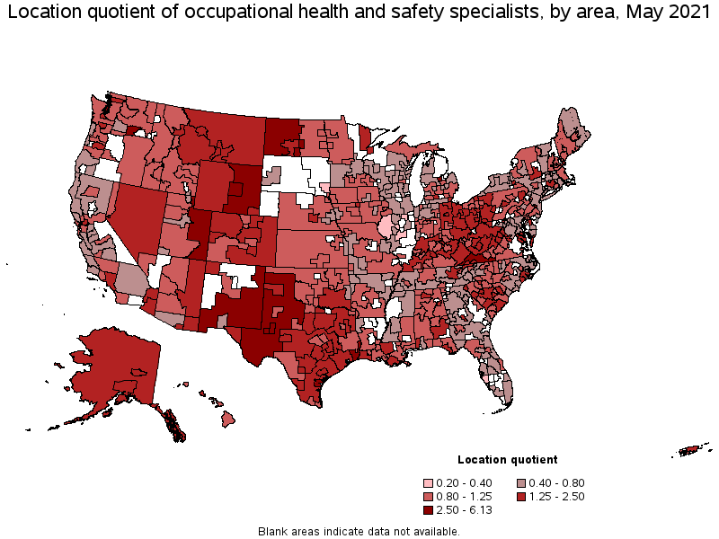 Map of location quotient of occupational health and safety specialists by area, May 2021