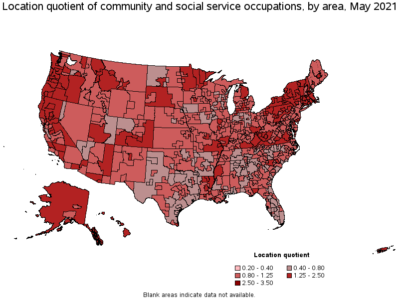 Map of location quotient of community and social service occupations by area, May 2021