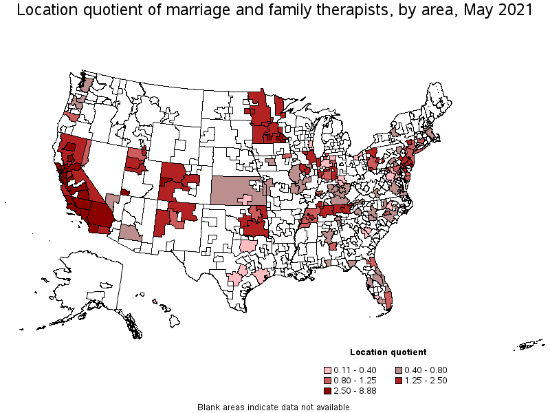 Map of location quotient of marriage and family therapists by area, May 2021