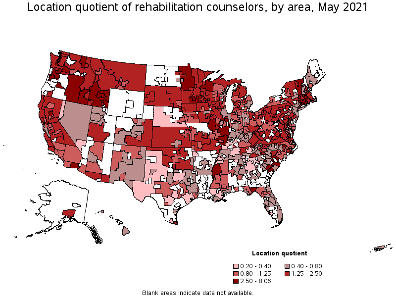 Map of location quotient of rehabilitation counselors by area, May 2021