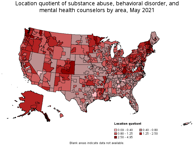 Map of location quotient of substance abuse, behavioral disorder, and mental health counselors by area, May 2021