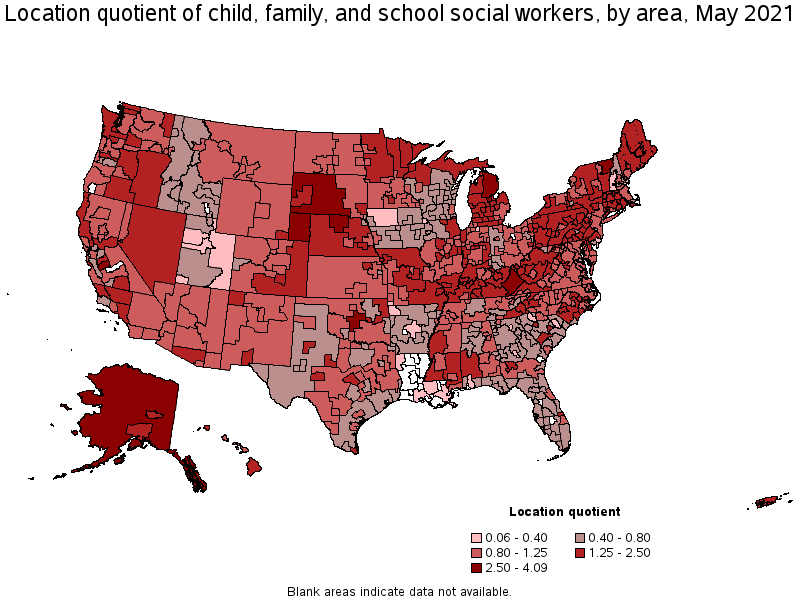Map of location quotient of child, family, and school social workers by area, May 2021