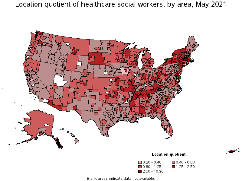 Map of location quotient of healthcare social workers by area, May 2021