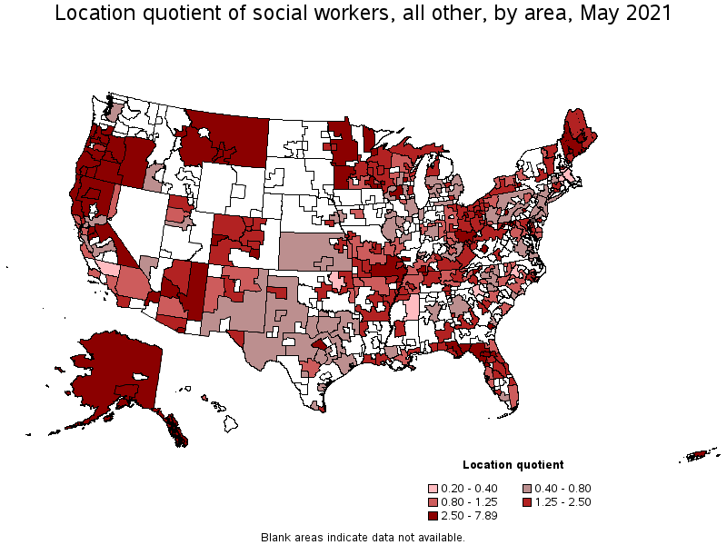 Map of location quotient of social workers, all other by area, May 2021